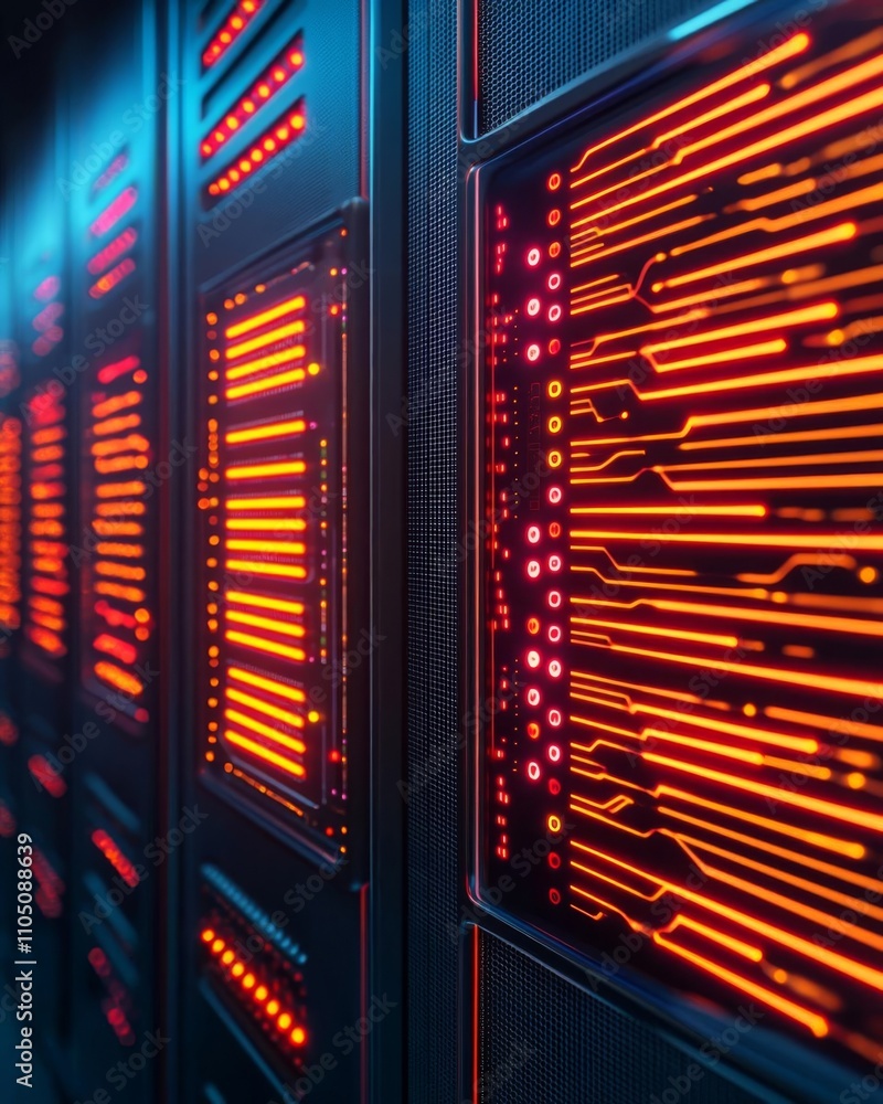 Poster abstract representation of digital circuits with glowing orange elements.