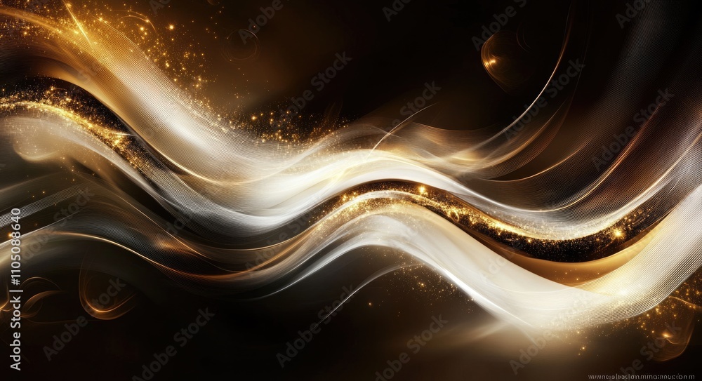 Poster mesmerizing sparkling waves: golden light particles over dark brown canvas with dynamic depths