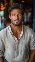 Fototapeta premium Handsome casual dressed man with different with clean shave with Street CafÃ© background.
