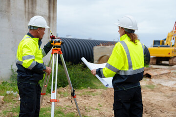 Male and female construction engineers discuss and use machines and macros for large construction projects.