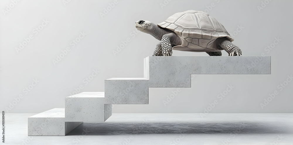 Poster a turtle on modern, abstract stairs, symbolizing progress and perseverance.