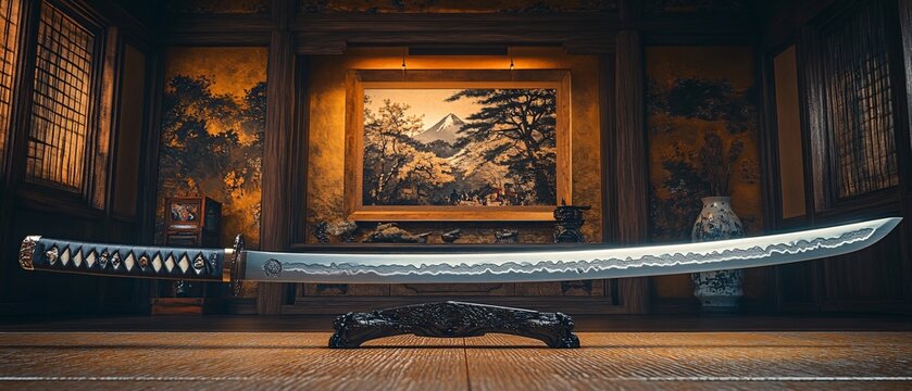 Epic ultrawide scene of a katana sword resting in a Japanese home, surrounded by traditional art, capturing the elegance of the setting and sword.