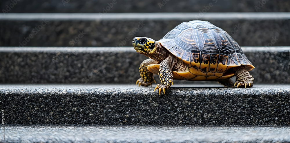 Poster a turtle climbing steps, showcasing its unique shell and texture against a stone background.