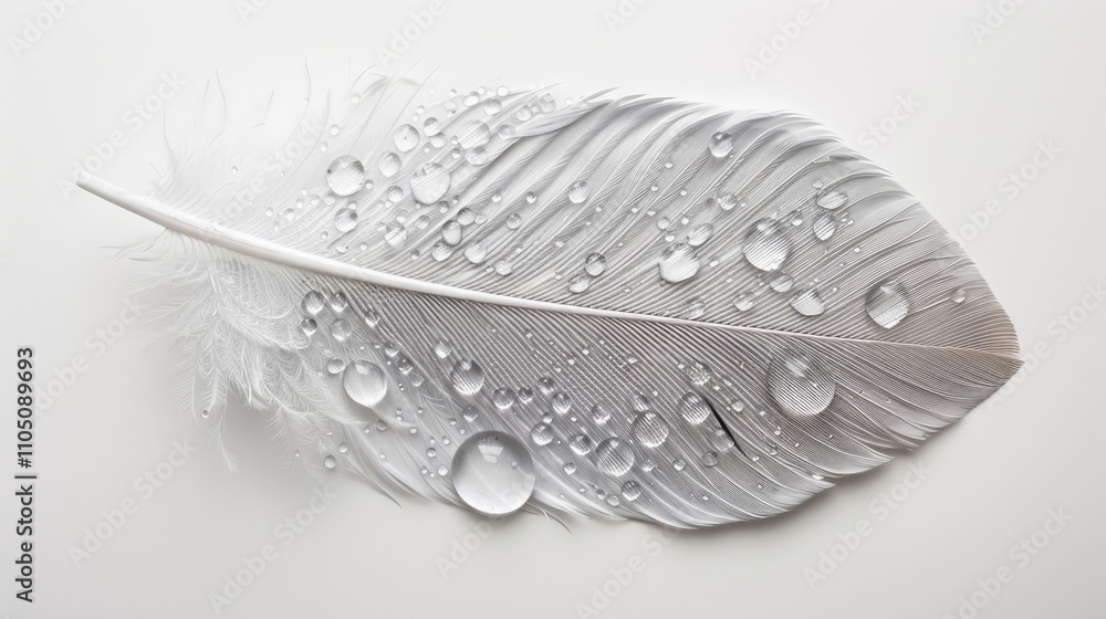 Sticker Macro photograph of delicate bird feather with water droplets on white background, portraying nature's purity and fragility.