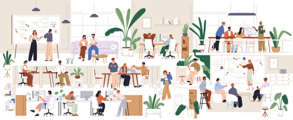 Office interior, modern open space. Professional workspace with employees. Corporate environment, workplace. Business team, daily work routine. Flat vector illustration isolated on white background