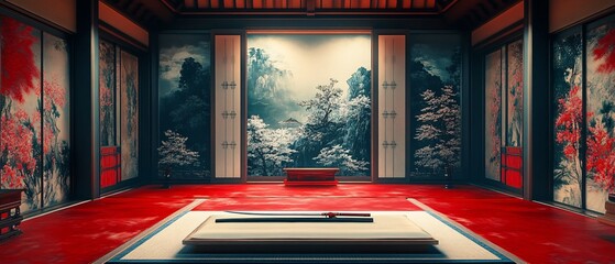 Ultrawide display of a beautifully crafted katana sword in a traditional Japanese room, set against vibrant wall paintings and classic decor.
