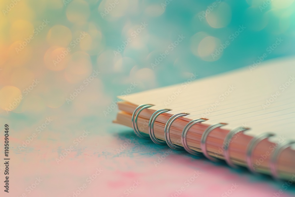Poster a close-up of a spiral-bound notebook on a colorful, blurred background, emphasizing its texture and