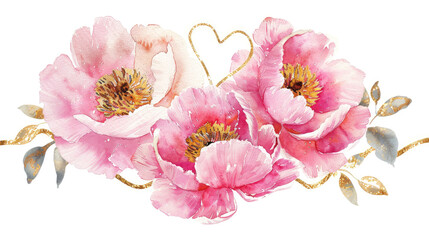 Fototapeta premium Watercolor pink peony flowers with gold ornate isolated on white background
