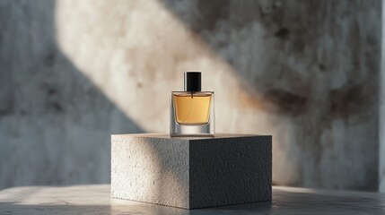 A perfume bottle on a stone platform with soft sunlight and shadows.
