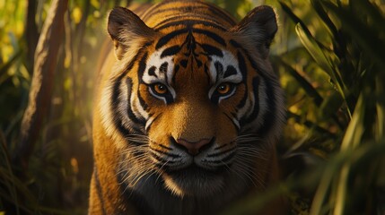 Fototapeta premium Majestic tiger staring intensely from lush jungle foliage, sunlit.
