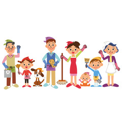 三世代家族が掃除の服装や掃除道具を持って並んでる