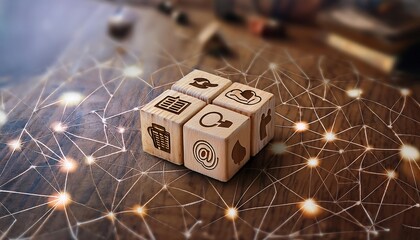 Wooden blocks, communication icon concept, technology and telecommunication network system.