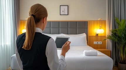 A hotel staff member inspects a room using a digital device, showcasing a clean and well-presented hotel environment.
