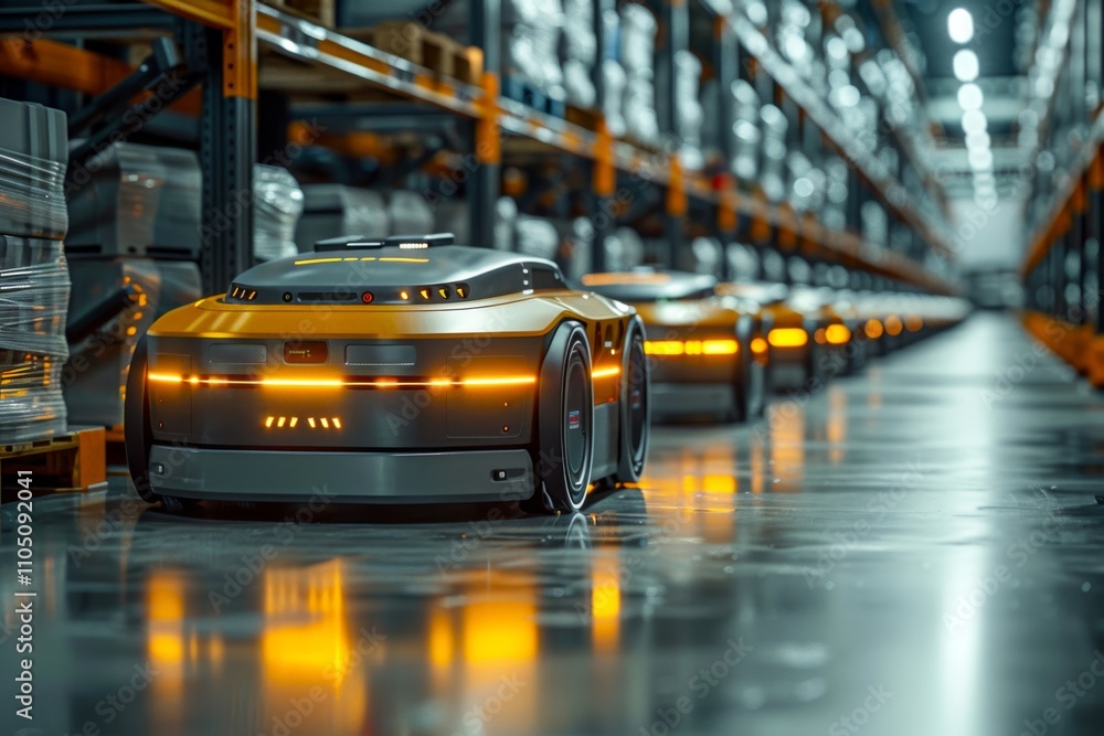 Poster close-up of automated robots or agvs (automated guided vehicles) transporting goods within a modern 