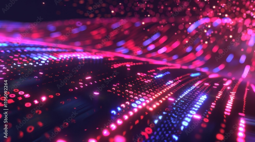 Poster abstract digital art with vibrant colors, featuring flowing patterns of light in shades of pink and 