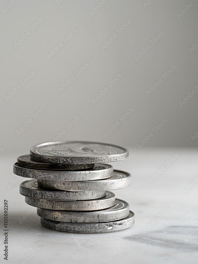 Poster a stack of metallic coins sits on a smooth surface, showcasing their distinct texture and shine agai