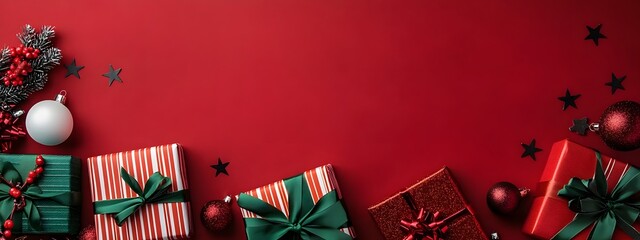 Festive red and green presents adorned with ribbons, surrounded by Christmas ornaments on a vibrant red backdrop, conveying a joyful holiday spirit,


