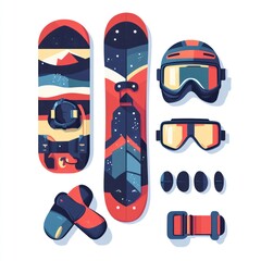 Naklejka premium Snowboarding Gear Illustration: Snowboard, Helmet, Goggles, Boots, and Straps for Winter Sports