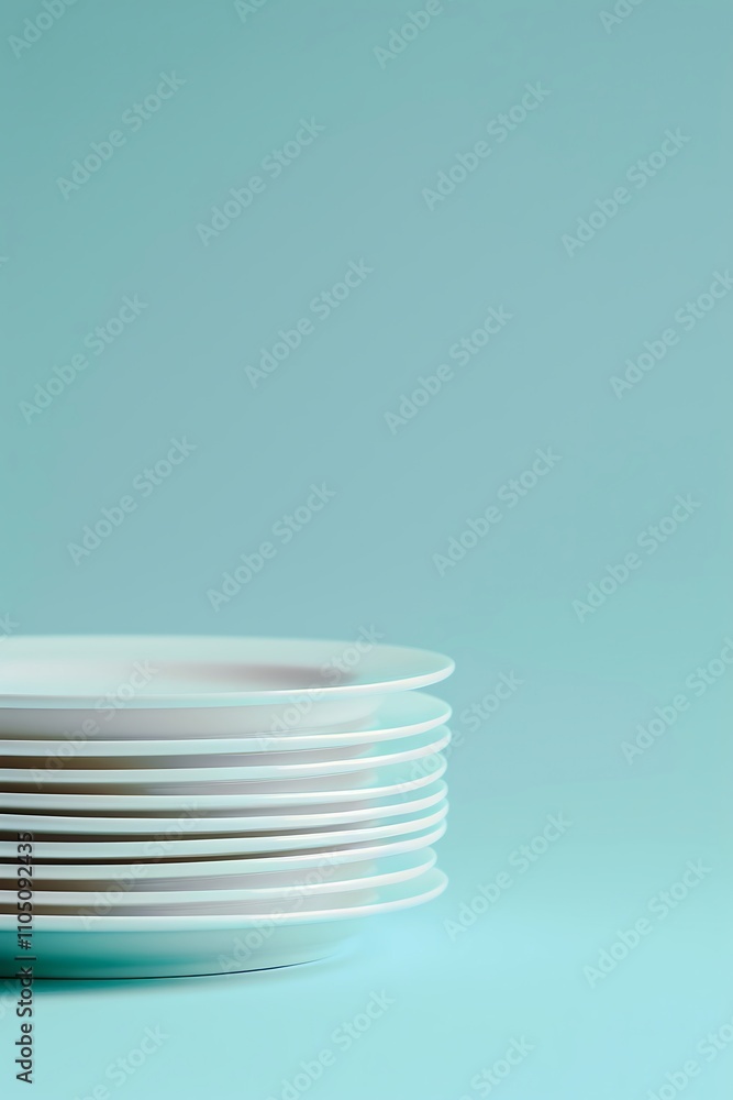 Poster a stack of white plates against a soft teal background, creating a minimalistic and modern aesthetic