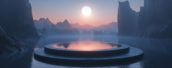 Mysterious landscape with a black circular podium and full moon
