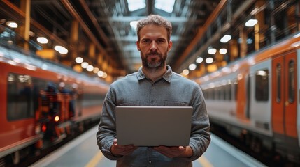 Obraz premium man with a laptop and casual clothes, collaborating with workers assemblying trains.