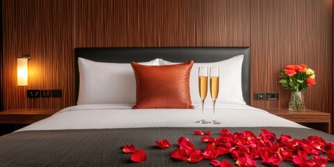A cozy hotel room featuring a neatly made bed adorned with rose petals, champagne glasses, and a bouquet, creating a romantic atmosphere.