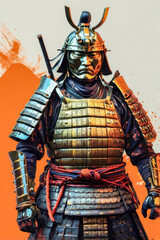 Fototapeta premium Samurai in full armor, on orange background, close-up. Japanese culture.