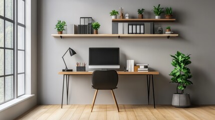 Fototapeta premium Interior design of modern scandinavian home office with desk and shelves