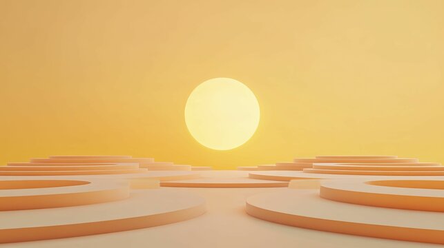 Pathway of linked concepts guiding toward an objective, vibrant orange backdrop, 3D visualization.