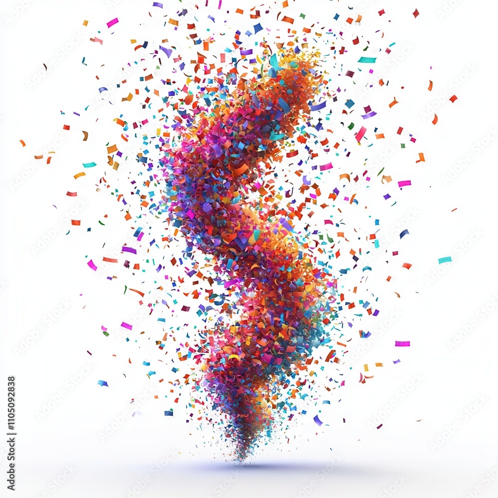 Poster a colorful swirl of confetti particles in a dynamic, festive arrangement, creating a vibrant and liv