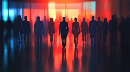 Silhouetted Figures Walking Through Neon City at Night