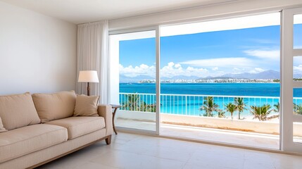 Naklejka premium A bright, modern living room with a cozy sofa, featuring large windows that offer a stunning view of a vibrant blue ocean and clear sky.