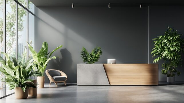 Interior of modern office waiting room with gray walls concrete floor wooden reception desk and green plants, ai generative