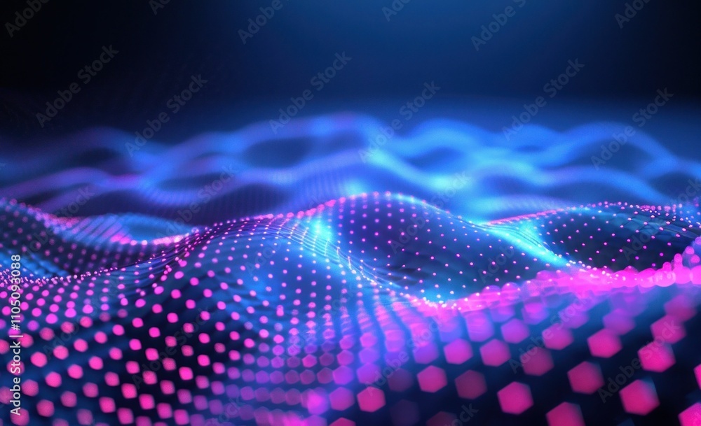 Poster abstract waves, digital background with blue and pink neon colors, smooth flowing shapes, glowing po