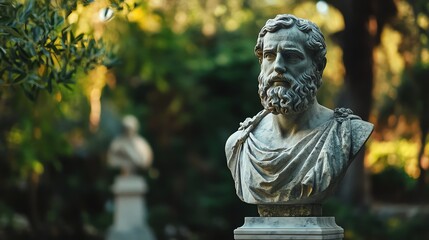 Fototapeta premium A marble bust of a man with a beard, set against a green background.