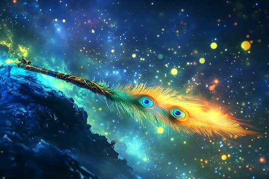 Elegant celestial flute wrapped in peacock feathers, a symbol of beauty, music, and cosmic grace.