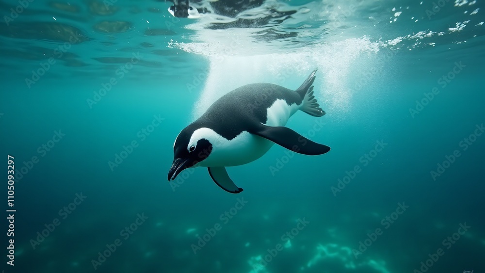 Poster create a dynamic image of a penguin diving through the clear ocean water, creating a trail of bubble