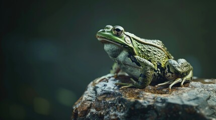 Fototapeta premium Green frog perched on a rustic rock on a dark background, AI generated image