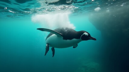 Obraz premium Create a dynamic image of a penguin diving through the clear ocean water, creating a trail of bubbles. The scene should capture its speed, agility, and the vibrant underwater world.