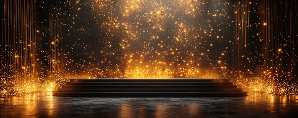 Elegant black stage adorned with golden sparkling lights and drapes