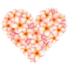 Heart made of flowers. Heart shaped tropical flowers watercolor illustration isolated from background.