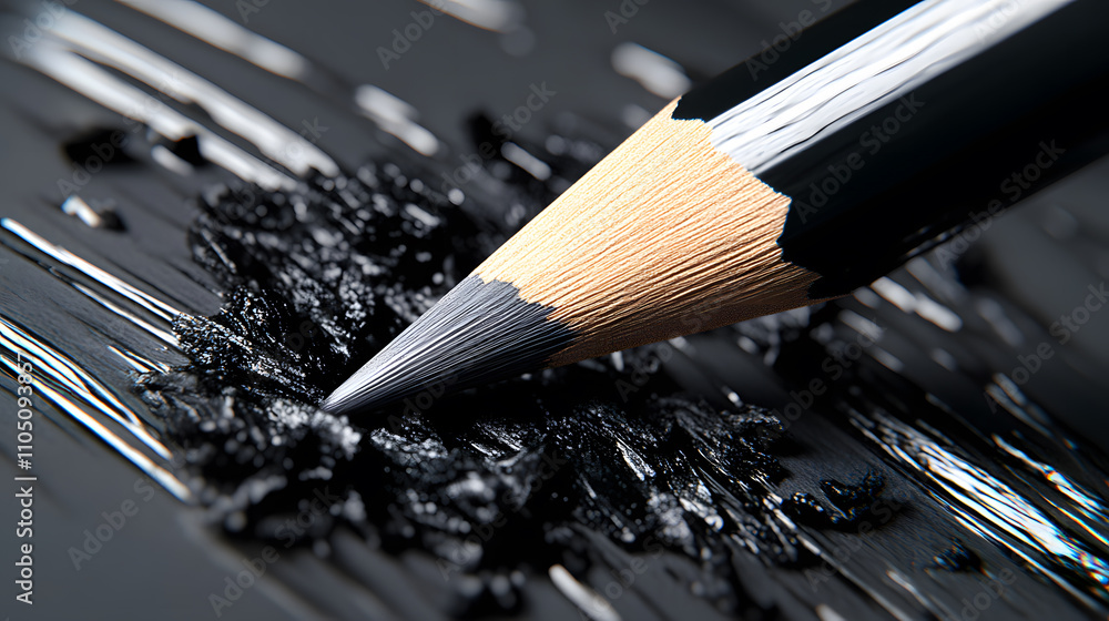 Poster a close-up of a sharpened black pencil resting on a dark surface, surrounded by fine pencil shavings