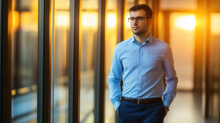 business man in blue shirt stands confidently in modern office corridor, illuminated by warm sunset light. atmosphere conveys professionalism and calm