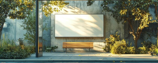 Urban autumn scene with blank white poster on concrete wall