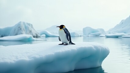 Create a serene image of a penguin resting on an ice floe, surrounded by snow and icebergs. The peaceful scene should evoke solitude and the quiet beauty of the frozen world.