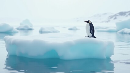Fototapeta premium Create a serene image of a penguin resting on an ice floe, surrounded by snow and icebergs. The peaceful scene should evoke solitude and the quiet beauty of the frozen world.