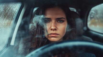 Obraz premium woman gazes intensely through foggy car window, capturing moment of reflection and emotion. rain adds dramatic touch to scene