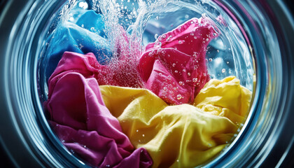 Vibrant colors of fabric swirl in washing machine, creating lively scene. bubbles and water movement add dynamic touch to laundry process