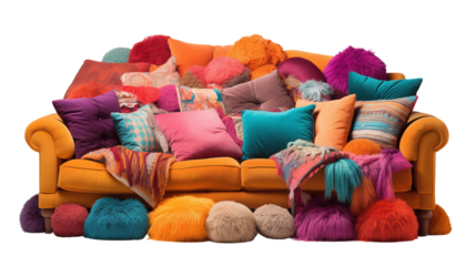 A cozy couch filled with colorful, bright pillows, perfect for a cheerful and energetic home interior, isolated on transparent background.