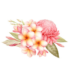 Tropical flowers Plumeria and Etlingera and palm leaves watercolor illustration isolated.